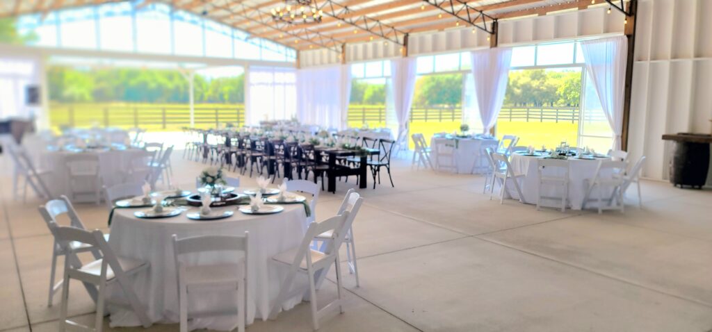 Open-Air Big Barn Pavilion is truly and beautiful way to enjoy the day.  Tables, chairs, open views of a gorgeous field