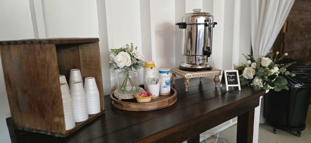 Coffee station at the Heart D Farm for a Celebration of Life.  Set up with a nice coffee urn.  All provided courtesy of the farm.